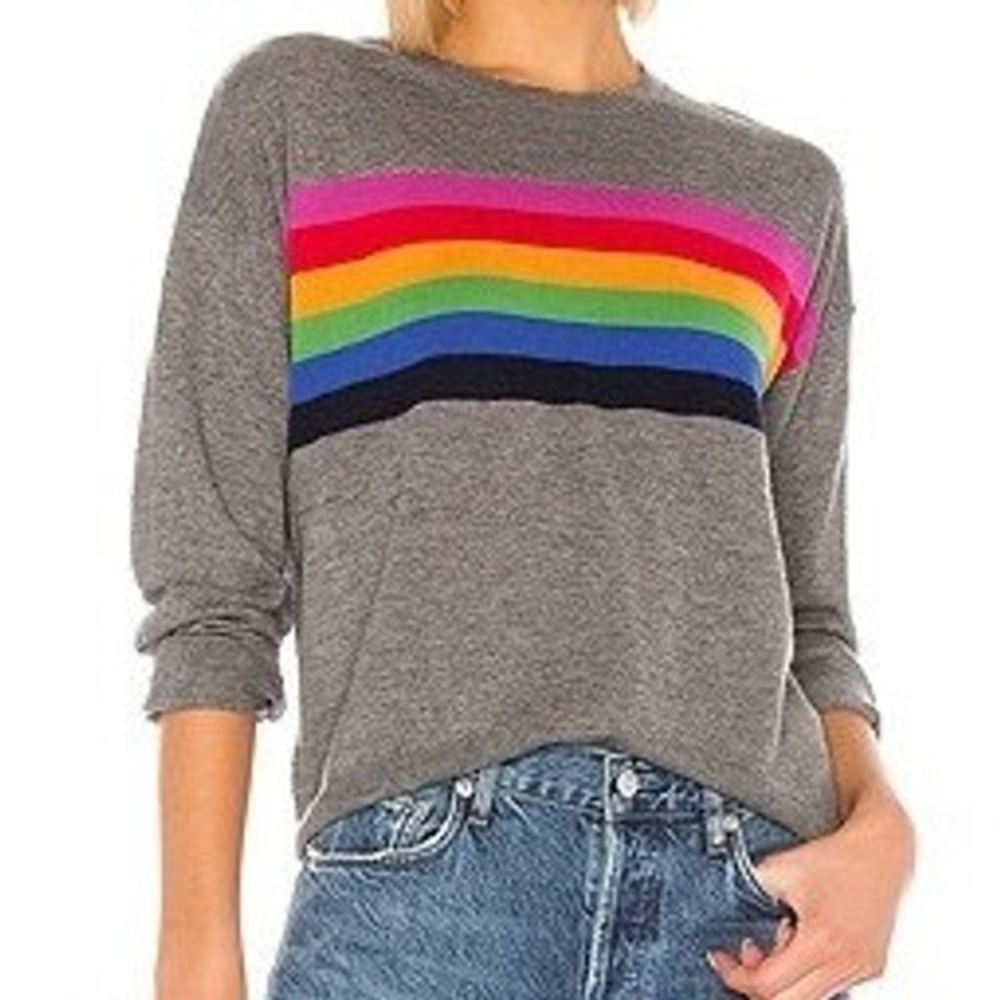 SUNDRY Rainbow Stripe Cashmere Blend Crew Neck Pullover Charcoal Gray Pride 0 XS